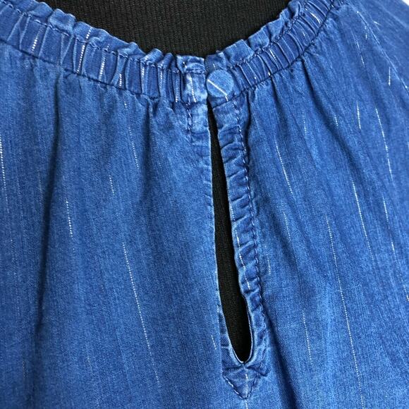 WHBM blue demin metallic striped ruffle trim top size Medium - Picture 5 of 12